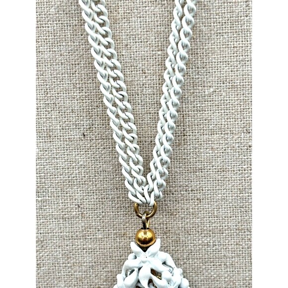 Vintage Monet‎ White Enamel over Metal Chain Necklace with Tassel Signed 24in - Picture 3 of 13